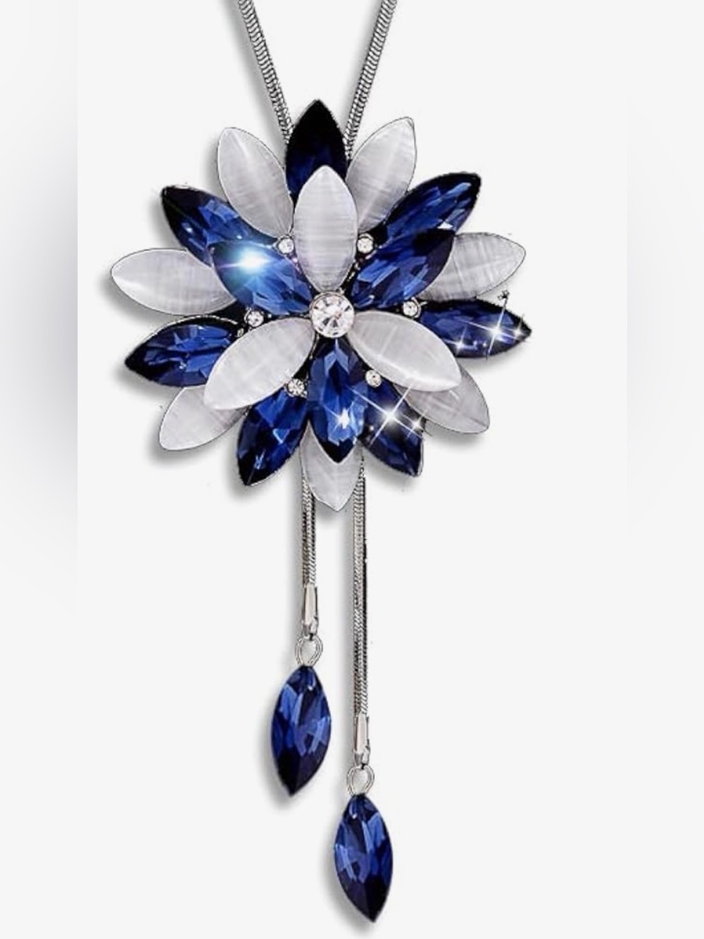 Navy and White Floral Crystal Pendant Necklace
